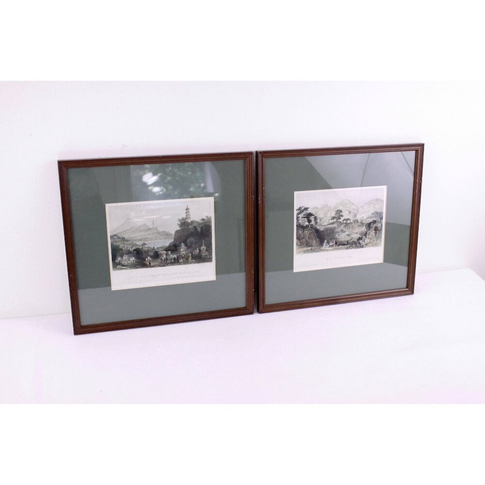 PAIR of 2 Victorian engravings of China, antique handcoloured prints ca 1840s